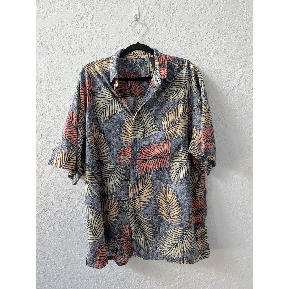 Bamboo Cay Tropical Palm Leaf Shirt Mens L Cotton Modal Grey Orange Short Sleeve